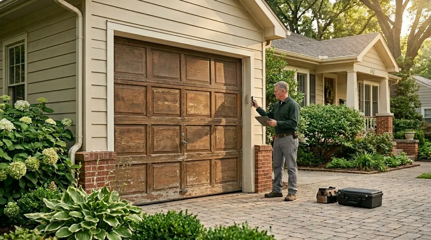 Garage door detail illustrating is your older garage door worth fixing, or time to replace it