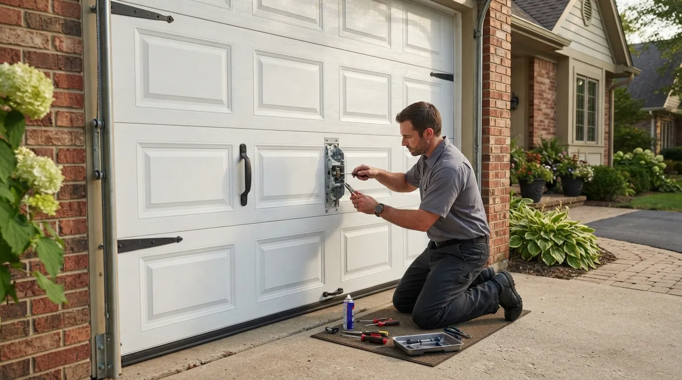 Garage door technician repairing a residential garage door in Shreveport Louisiana