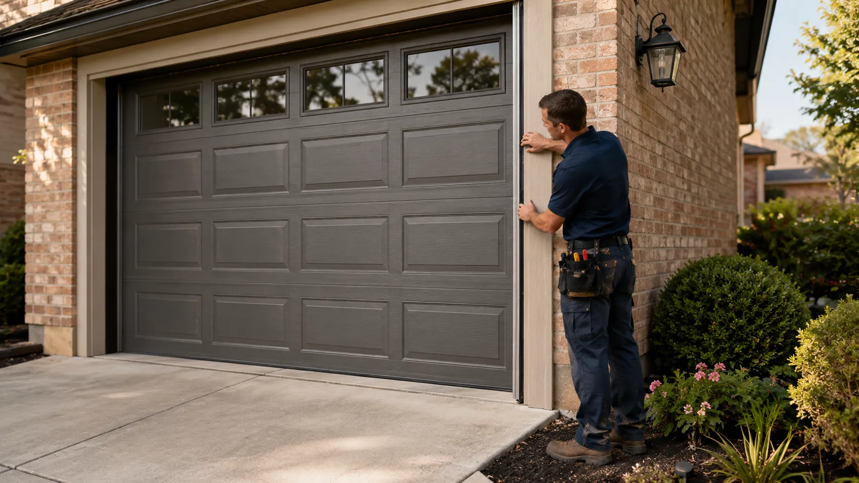 Garage door technician inspecting springs rollers tracks and opener in Shreveport Louisiana